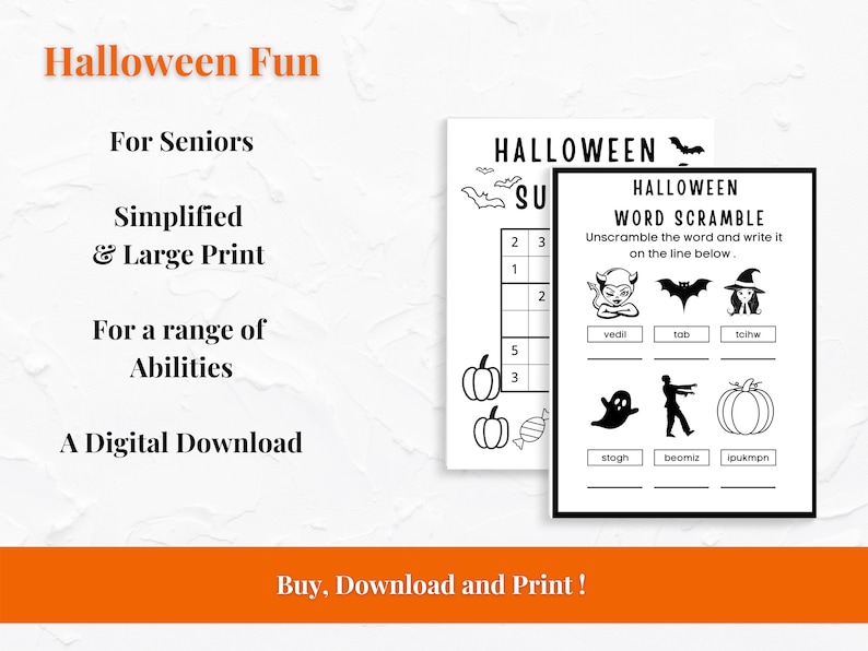 May include: Black and white printable Halloween word scramble activity for seniors. The activity includes a word search puzzle and a word scramble. The words are: "vedil", "tob", "tolhw", "stogh", "beomiz", and "Ipukmon".