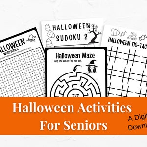 May include: A set of four printable Halloween activity sheets for seniors. The sheets include a word search, Sudoku puzzle, maze, and tic-tac-toe game.