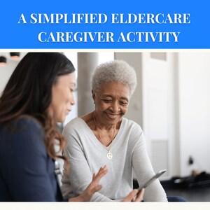 May include: A caregiver and an older adult woman are looking at a smartphone together. The older woman is smiling and wearing a gray shirt and a gold necklace. The caregiver is wearing a blue blazer.
