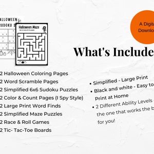 May include: A digital download of Halloween-themed printable activities for kids. Includes coloring pages, word scrambles, mazes, sudoku puzzles, and more.  Black and white, easy to print at home.