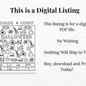 May include: Black and white printable Halloween-themed color and count activity sheet. The sheet features a variety of Halloween icons, including pumpkins, bats, witches' hats, and spiders. The text "COLOR & COUNT" and "HALLOWEEN" are at the top of the sheet. There are also blank spaces for counting the number of each icon.
