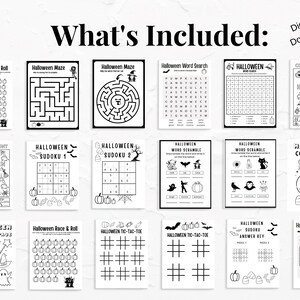 May include: A set of printable Halloween activity sheets for kids. The sheets include a variety of activities, such as mazes, word searches, Sudoku puzzles, tic-tac-toe, and coloring pages. The sheets are black and white and feature Halloween-themed images, such as pumpkins, bats, ghosts, and witches.