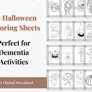 Puede incluir: Veinte hojas para colorear de Halloween en blanco y negro con varios personajes y objetos, incluyendo una bruja, un gato, una calabaza, un esqueleto, una momia y un fantasma. El texto "20 Halloween Coloring Sheets" y "Perfect for Dementia Activities" se muestra en la imagen. El texto "A Digital Download" se muestra en la parte inferior de la imagen.