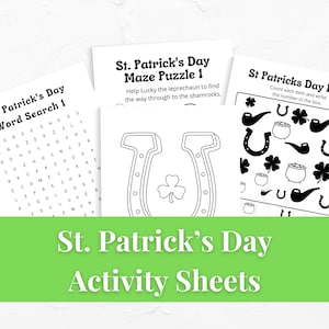May include: A selection of St. Patrick's Day activity sheets. The sheets include a word search, a maze puzzle, and an I Spy game. The word search features words related to the holiday. The maze puzzle has a horseshoe with a shamrock. The I Spy game has various St. Patrick's Day symbols.