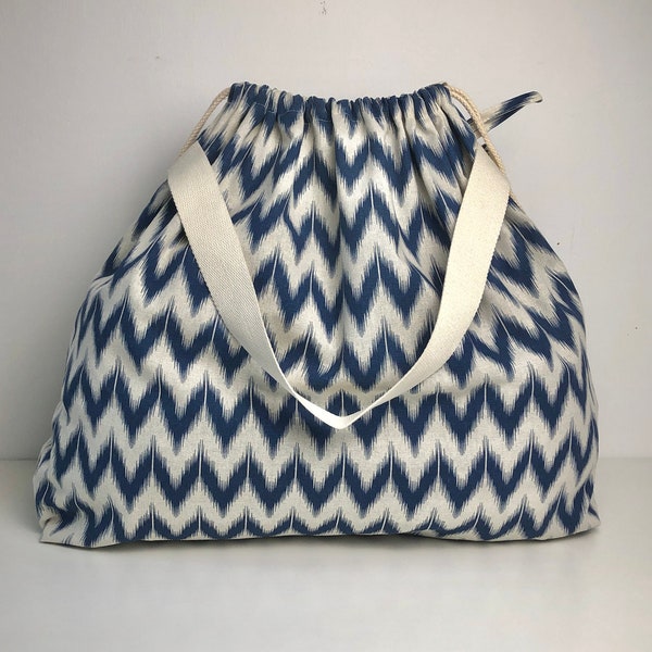 Laundry Bag, Weekender beach carry all dorm apartment storage travel, cotton/linen, blue chevron ikat.