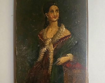 Antique c.1830 German Lacquered Papier Mâché Calling Card Case w/ Painted Portrait