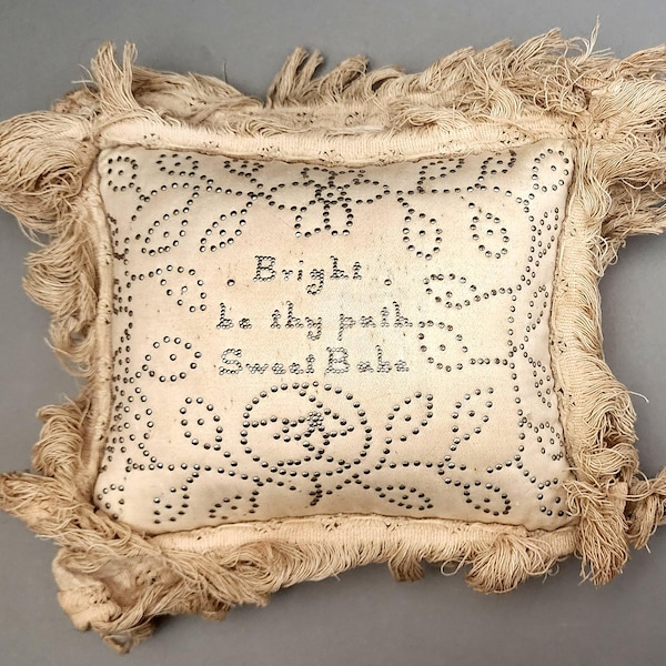 Cojín de alfiletero antiguo de la época victoriana temprana, almohada de bautizo, siglo XIX, inglés