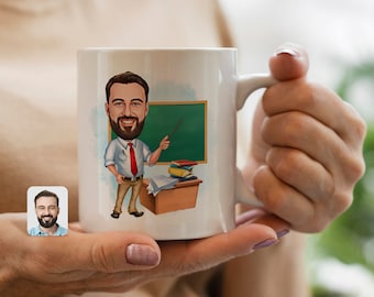 Custom Teacher Mug, Personalized Gift with Caricature Cartoon, Funny Coffee or Tea Cup, Unique Teacher Gift Idea