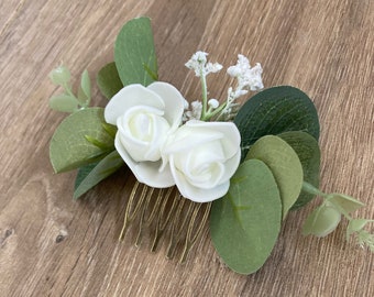 Peigne à cheveux fleur de mariage, peigne à cheveux décoratif rose ivoire, accessoire de cheveux de mariage eucalyptus, fleurs de cheveux de mariée rose et eucalyptus rose