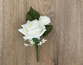 Buttonholes, boutonnières, Ivory Rose bud double buttonhole, Ivory wedding roses gypsophila corsage, groom best man ivory buttonholes