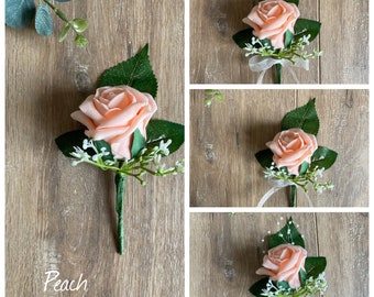 Buttonholes, boutonnières, peach wedding buttonholes, peach rose wedding corsage, groom buttonhole, best man buttonholes, peach flowers
