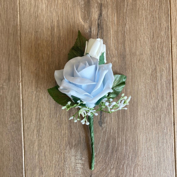 Blue Rose White Rose Bud Buttonhole: Wedding groom Boutonniere with gypsophila