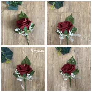 Buttonholes, boutonnières, Burgundy Rose, wedding buttonholes, rose & gypsophila buttonhole, burgundy groomsman, burgundy wedding flowers