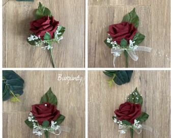 Buttonholes, boutonnières, Burgundy Rose, wedding buttonholes, rose & gypsophila buttonhole, burgundy groomsman, burgundy wedding flowers