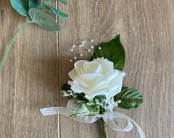 Buttonholes, boutonnière Ivory Wedding Buttonhole, Rose Gypsophila & Pearls. Other Colours available. Wedding groom rose buttonhole corsage