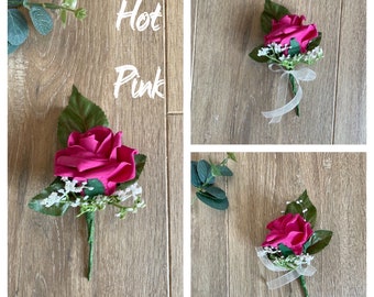 Buttonholes, Boutonnières, Hot Pink Wedding Buttonholes, Rose & Gypsophila buttonhole, pink buttonholes