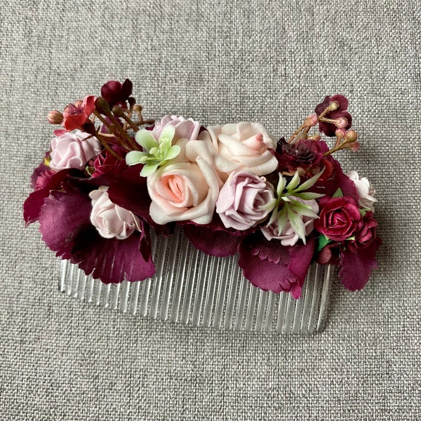 Burgundy hair comb flowers, blush pink hair flowers, wedding hair flowers burgundy blush pink, hair comb for burgundy wedding