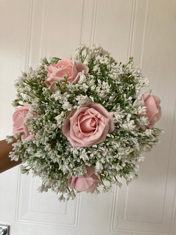 Bouquet De Roses Artificielles Rose Et Champagne – Avec Gypsophile, Pour Mariage