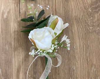 Buttonhole boutonniere ivory silk rose and gypsophila buttonhole double rose pearl corsage for ladies wedding flowers eucalyptus buttonhole