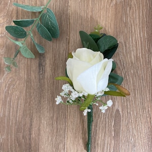 Buttonholes,boutonnières, Artificial Ivory buttonhole with eucalyptus and gypsophila, silk Ivory wedding buttonholes, Ivory Rose buttonhole