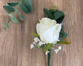 Buttonholes,boutonnières, Artificial Ivory buttonhole with eucalyptus and gypsophila, silk Ivory wedding buttonholes, Ivory Rose buttonhole