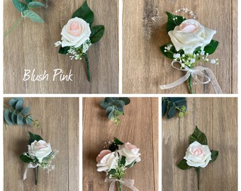 Buttonholes, Boutonnières, Blush Pink, Pink Rose wedding buttonholes, rose & gypsophila. Blush Pink groom bestman buttonholes, pink corsage