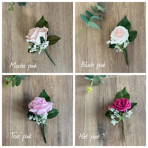 Buttonholes, boutonnières, Pink wedding buttonholes, rose & gypsophila. Pink rose buttonhole, pink wedding flowers, groom corsage