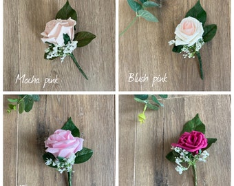 Buttonholes, boutonnières, Pink wedding buttonholes, rose & gypsophila. Pink rose buttonhole, pink wedding flowers, groom corsage