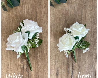 Buttonholes, boutonnières, Groom buttonhole Best man buttonholes wedding buttonholes white Ivory corsage rose & gypsophila, Various Colours