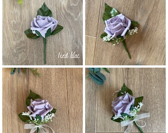 Buttonholes, Boutonnières, iced Lilac buttonhole, purple wedding buttonhole, rose & Gypsophila buttonhole, lilac wedding flowers lilac groom