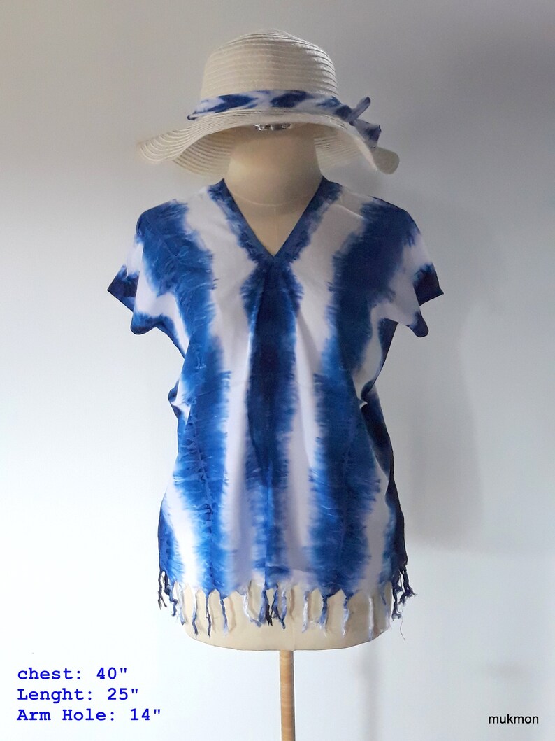 Chest 40\u201d Indigo Tie Dye Shibori Kaftan Poncho Bohemian Blouse Women Shirt Tops Tees,One size fit XS,S,M,L