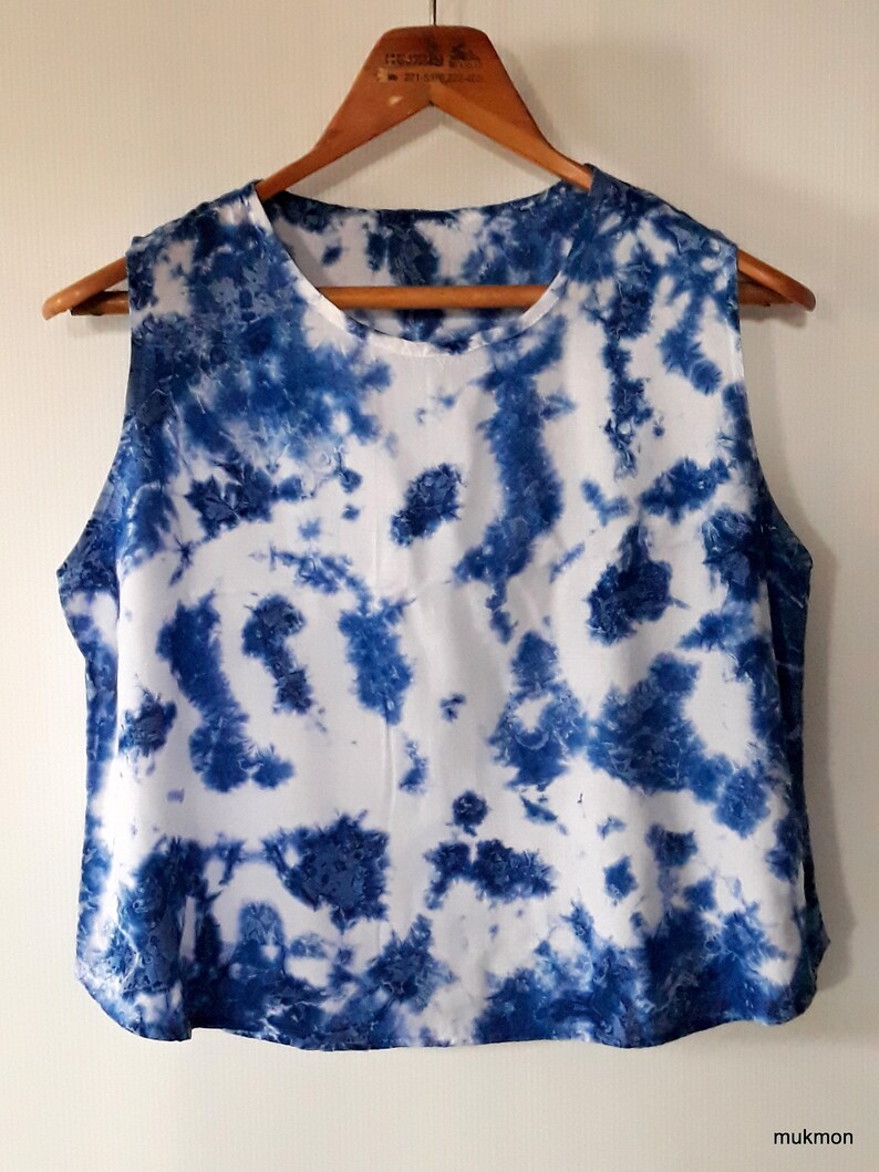 Chest 40\u201d Indigo Tie Dye Shibori Bohemian Blouse Tank Tops Sleeveless,One size fit XS,S,M,L