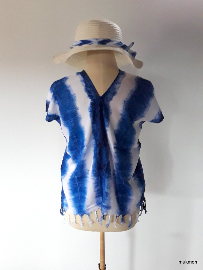 Chest 40\u201d Indigo Tie Dye Shibori Kaftan Poncho Bohemian Blouse Women Shirt Tops Tees,One size fit XS,S,M,L