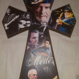 Unique Merle Haggard collage cross.  Fits any decor.