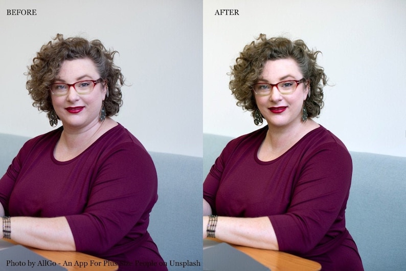 May include: A woman with curly brown hair is wearing a burgundy shirt, red lipstick, and glasses. She is sitting in front of a light blue couch.