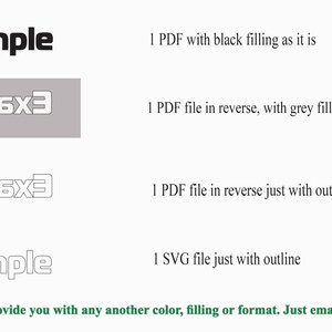 Op de afbeelding: Een digitaal ontwerpbestand dat vier verschillende versies van de tekst "Example" en "9lqm6x3" laat zien. De eerste versie is zwart gevulde tekst, de tweede is grijs gevulde tekst, de derde is witte omtrektekst en de vierde is witte omtrektekst met een grijze achtergrond.
