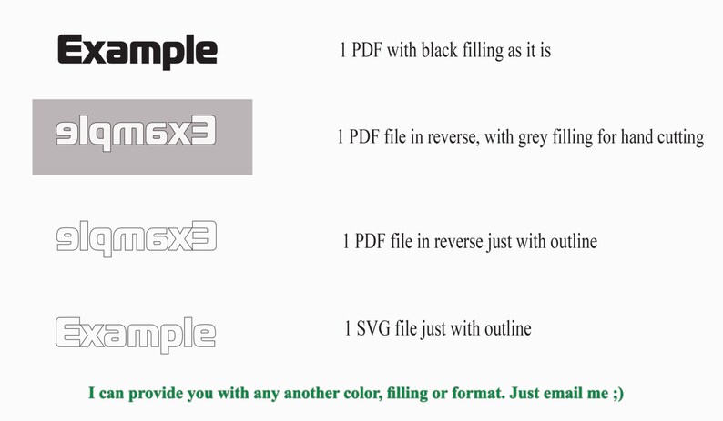 Op de afbeelding: Een digitaal ontwerpbestand dat vier verschillende versies van de tekst "Example" en "9lqm6x3" laat zien. De eerste versie is zwart gevulde tekst, de tweede is grijs gevulde tekst, de derde is witte omtrektekst en de vierde is witte omtrektekst met een grijze achtergrond.