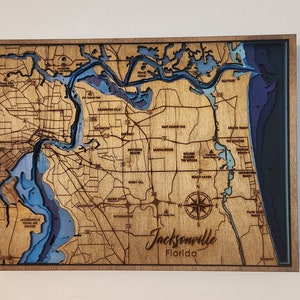 Lasergesneden en geverfde gelaagde kaart van Jacksonville. Op maat gemaakte-cadeau-decor-muurkunst-housewarming-Kerstmis-Moederdag-Vaderdag-kantoor-thuis