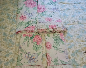 Parure de lit vintage Lady Pepperell | Motifs roses chou et iris violets | État impeccable | Style cottagecore, shabby chic