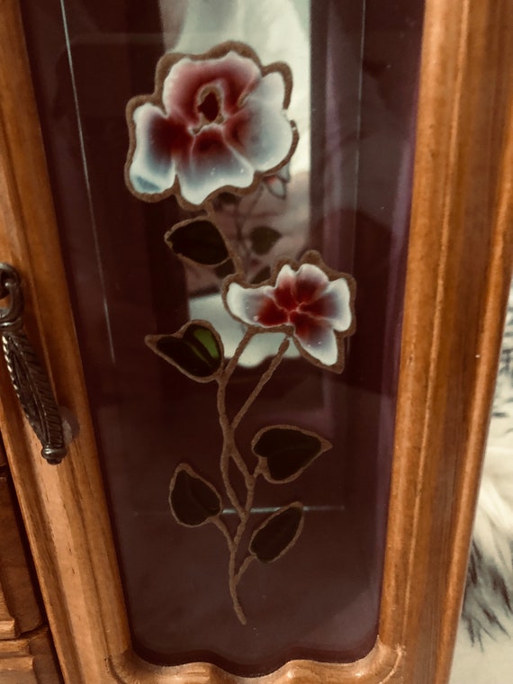 Vintage Wood Floral Jewelry Box Stained Glass Door - image 7