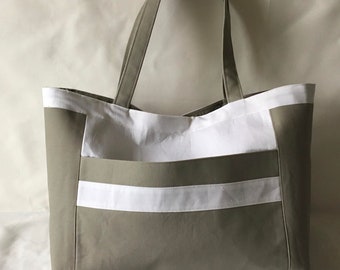 Handtasche aus Baumwolle weiß und olivgrün mit einfachem zweifarbigen Muster