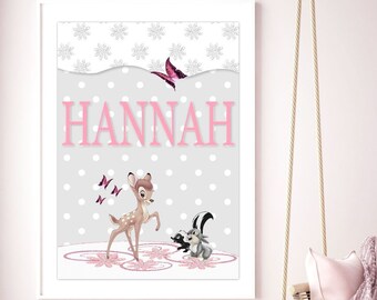 Pink Baby Girl Bambi Personalised Nursery Print, Woodland Nursery Prints, Pink Grey Floral Nursery Decor,  Bambi, Nursery Print, Download A4