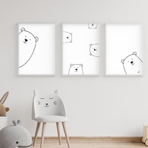 Peek A Boo Bear Nursery Print Set Printed, Bear Print set, Teddy Bear Print, Animal Nursery Print, Black White Nursery, Woodland Nursery