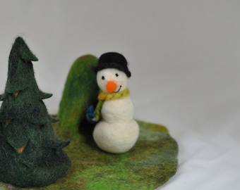 Snowman with Rainbow Hat Wet Felted Figure for the Waldorf Steiner Winter season nature seasonal table snow snowy natural