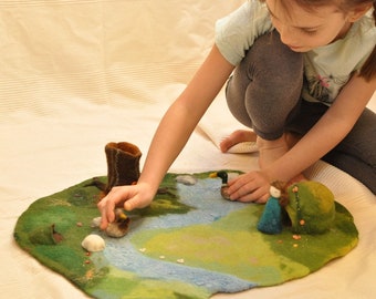 READY TO SHIP! Waldorf Felt Play Mat Playmat Wet Felted Playscape  Landscape Montessori Tree Stump Gift Kids Child Storytelling Trunk Wool