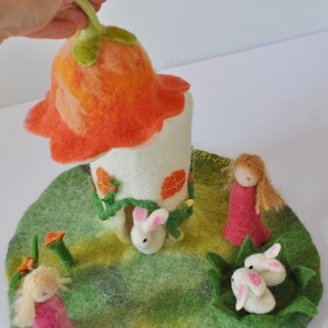 Felted Waldorf House Fairy Enchanted Orange Pixie Playmat Playscape Removable Cap Nature Inspired Eco Toy Pretend Play Felt Felted Wool