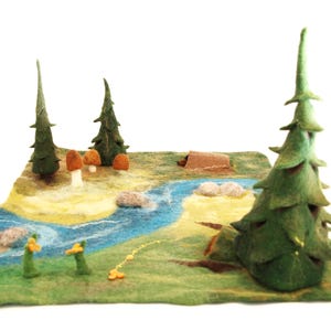 felt playmat – pine trees & mushrooms – handmade waldorf and nature-inspired small world playscape