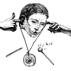 May include: A black and white illustration of a person with their fingers in their ears, a pencil, a small cymbal, and a drumstick. The text "1/ hit" is written above the drumstick.