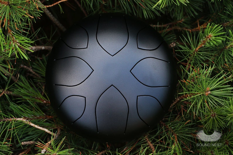 May include: A black steel handpan with a circular shape and a unique design of eight petal-like indentations. The handpan is resting on a bed of green pine needles.