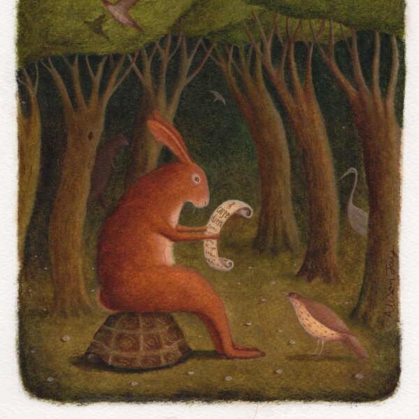 The Hare and the Tortoise,original signed illustration,oil paint on paper with crackle glaze